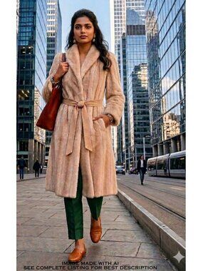 Vintage 50s Long Ivory Faux Fur Coat L Belted Lined Old Money Luxury Chic